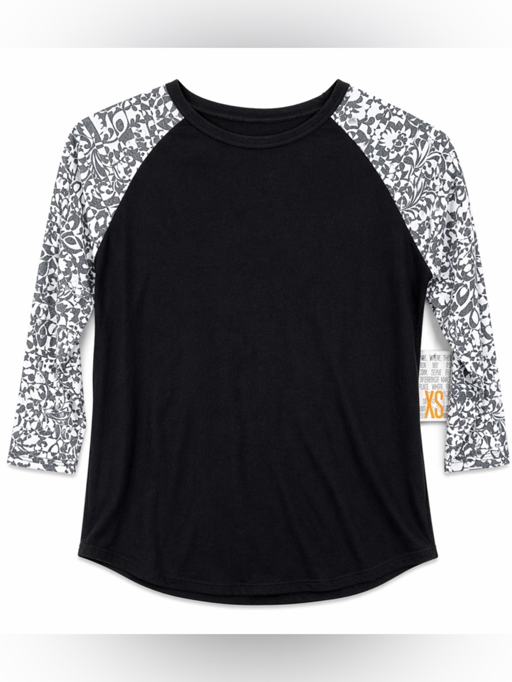 LuLaRoe XS Black Raglan Shirt with Gray Floral Sleeves casual baseball shirt